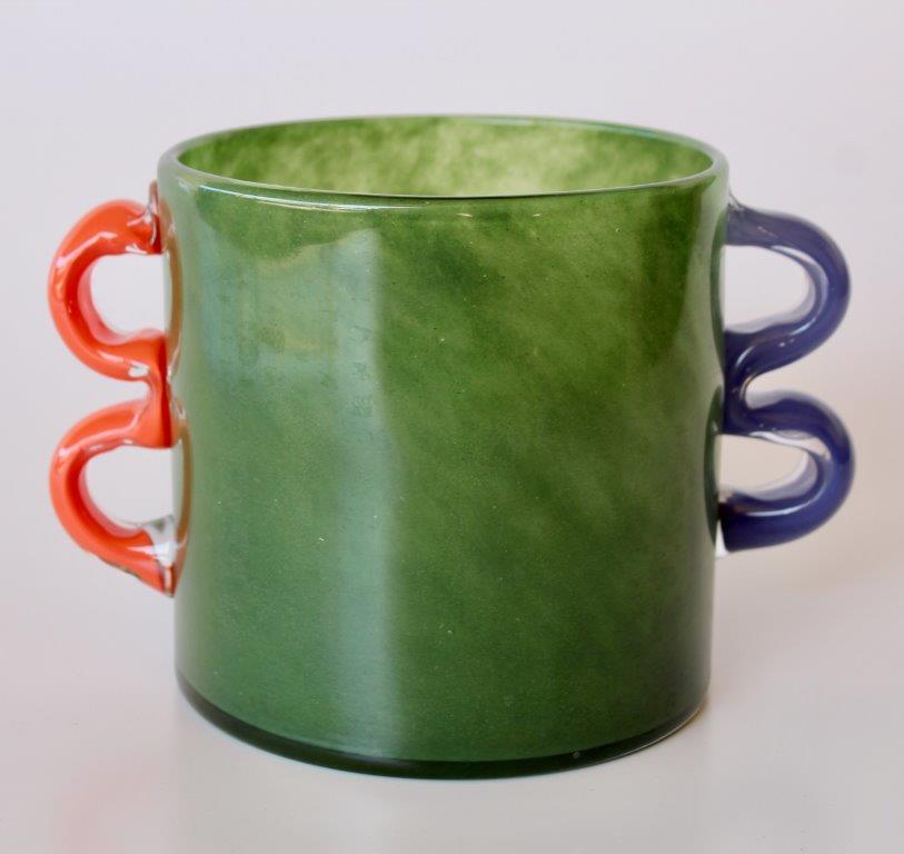 Green Glass Vase With Orange And Blue Handles
